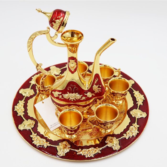 Gold & Red Aftaba Coffee Set – 8-Piece Arabic Dallah Style Set