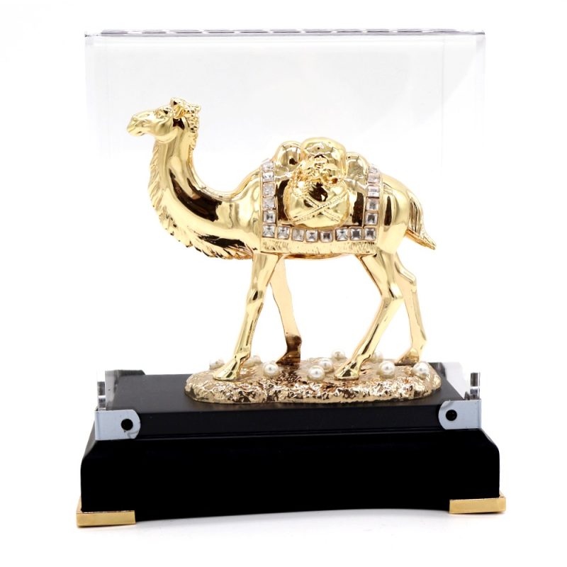 Gold Camel Figurine with Crystal Saddle – Acrylic Display Case Souvenir