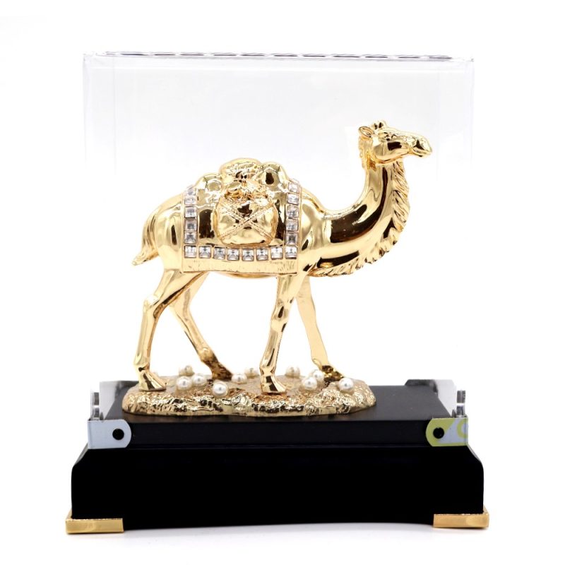 Gold Camel Figurine with Crystal Saddle – Acrylic Display Case Souvenir