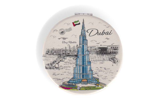 Dubai Skyline Compact Mirror – Blue Burj Khalifa Design (Round, Dual Mirror)