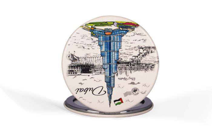 Dubai Skyline Compact Mirror – Blue Burj Khalifa Design (Round, Dual Mirror)