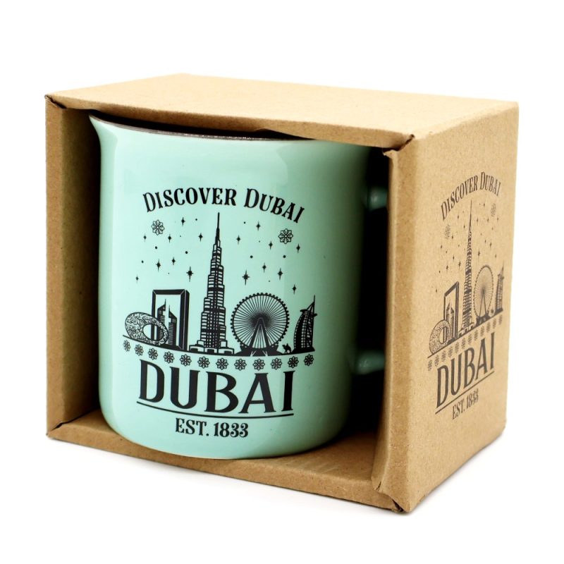 Discover Dubai Souvenir Mug – Mint Green Ceramic with City Landmarks