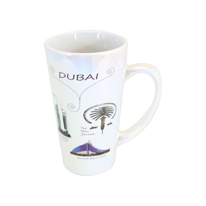 Dubai Landmark Souvenir Mug - Iridescent Ceramic Latte Mug with Palm Jumeirah & Burj Al Arab Illustrations – 12oz/15oz