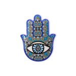 Blue Hand of Fatima Hamsa evil eye fridge magnet with intricate traditional pattern