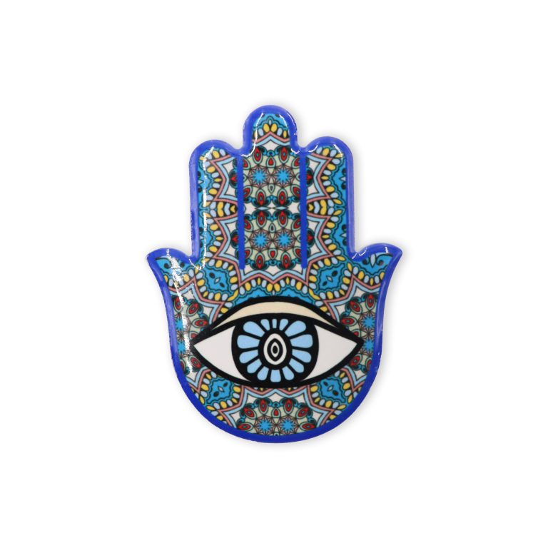 Blue Hand of Fatima Hamsa evil eye fridge magnet with intricate traditional pattern