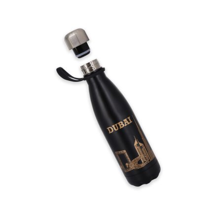 Matte-Black-and-Gold-Dubai-Skyline-Water-Bottle-Insulated-Travel-Flask-with-Gold-Landmarks