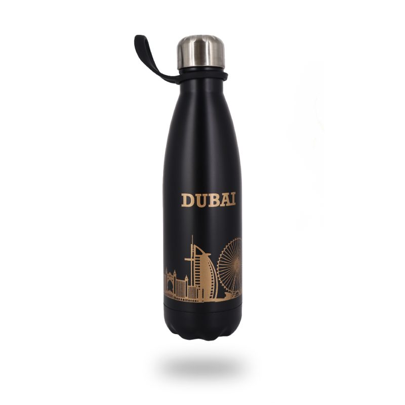 Matte-Black-and-Gold-Dubai-Skyline-Water-Bottle-Insulated-Travel-Flask-with-Gold-Landmarks