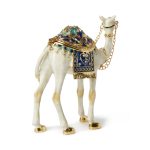 A Timeless Icon of Arabian Tradition Capture the spirit of the desert with this beautifully detailed Camel Trinket Box. Inspired by the majestic "Ship of the Desert," this piece is designed with a striking contrast of crisp white enamel and a rich, royal blue ceremonial saddle. Precision Craftsmanship & Detail Constructed from high-quality alloy, this figurine features a polished gold-tone finish on the feet, bridle, and trim. The saddle and collar are meticulously inlaid with sparkling crystals that provide a premium, weighted feel. The smooth, vibrant enamel coating ensures a long-lasting, lustrous shine that won't fade over time. Functional & Decorative The decorative saddle serves as a hinged lid, secured by a reliable magnetic closure. The interior is finished in a polished orange enamel, providing a clean and elegant space for your most precious jewelry or mementos. Whether placed on a vanity, bookshelf, or desk, it serves as a sophisticated conversation piece.