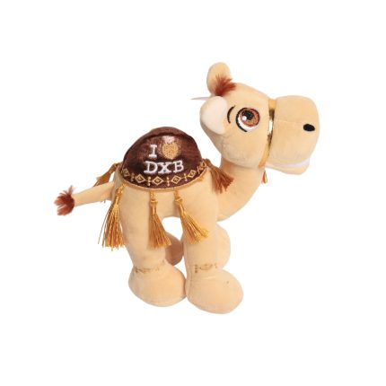 Beige camel plush toy with I Love DXB embroidery saddle, soft Dubai souvenir stuffed toy