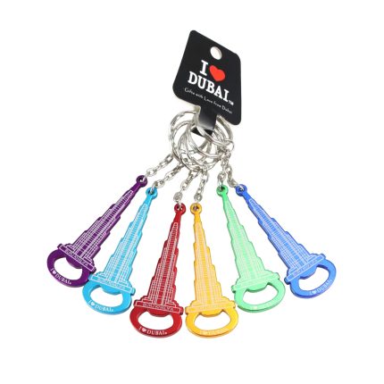 6 piece colorful Burj Khalifa Dubai keychain bottle opener set with I Love Dubai design in assorted colors